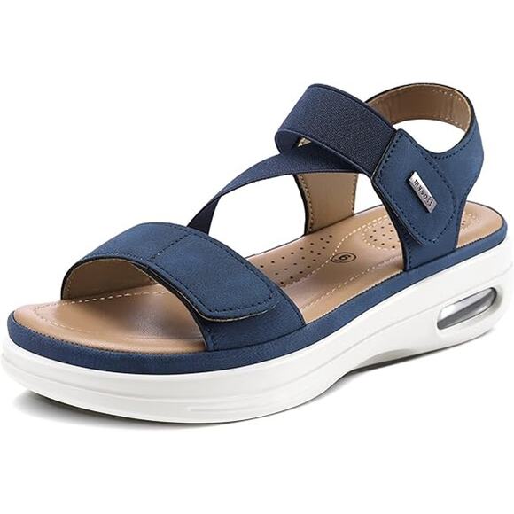 Mysoft Womens 9.5 Navy Open Toe 2" Platform Hook Loop Air Cushion Sandal Shoes - Picture 1 of 7